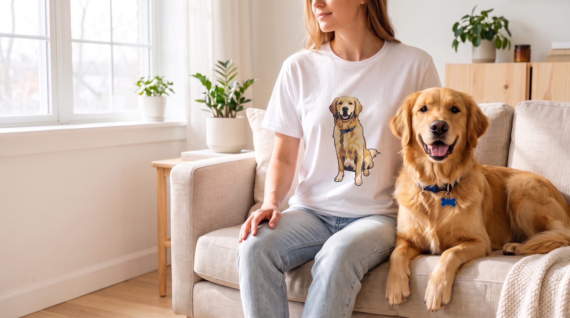 ペットのイラストをプリントしたTシャツを着て、そのペットと並んで座っている様子